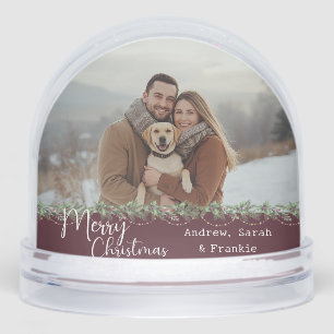 Personalized family photo dog merry christmas snowglobe