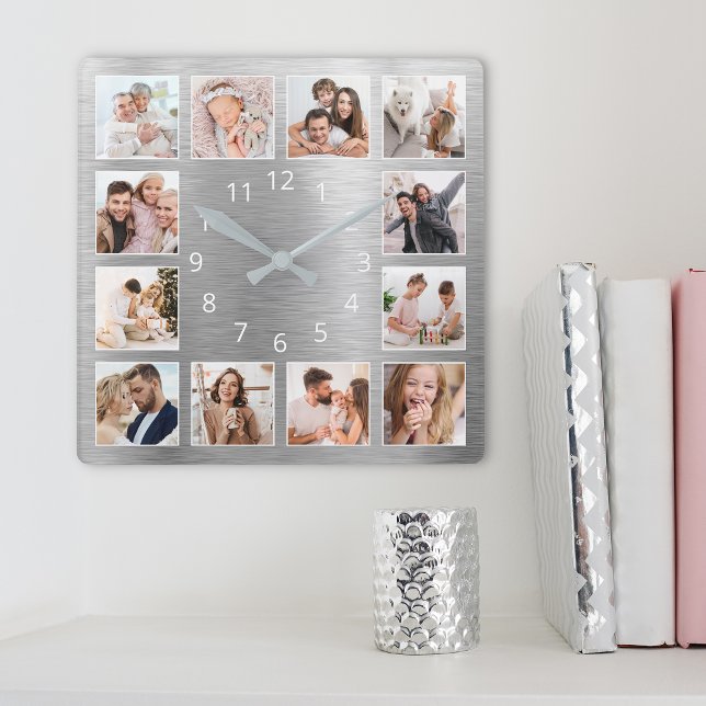Personalized Family Photo Elegant Silver Square Wall Clock (Creator Uploaded)