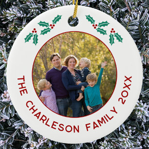 Personalized Family Photo Name Year Holly Ceramic Tree Decoration