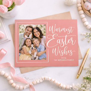 Personalized Family Photo On Coral Pink Easter Postcard