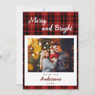 Personalized family photo red plaid holiday card