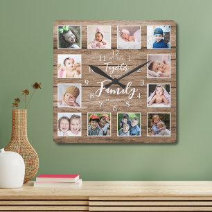 Personalized Family Quote 12 Photo Collage Wood Square Wall Clock