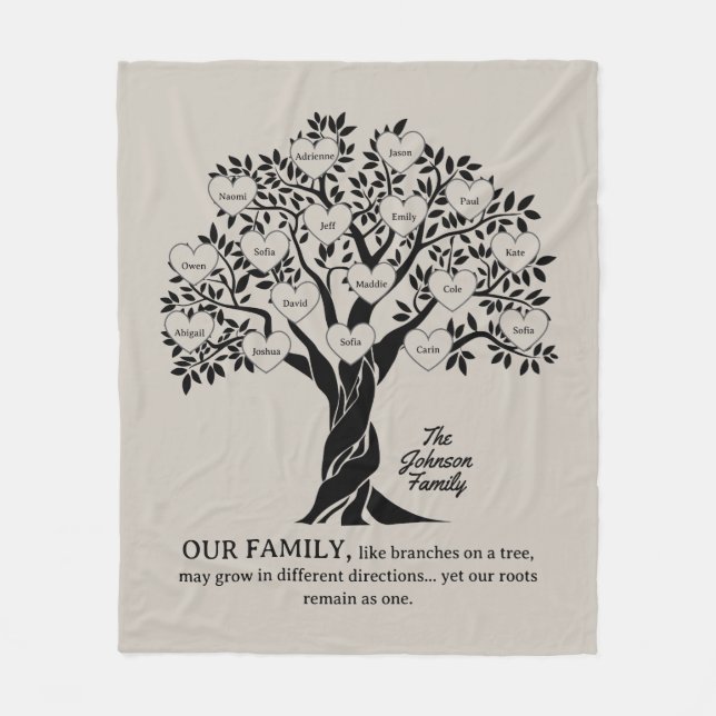 Personalized Family Tree Black And Tan Fleece Blanket (Front)