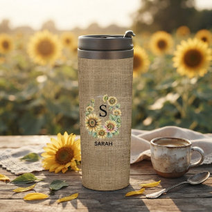 Personalized Farmhouse Sunflower Burlap Pattern Thermal Tumbler
