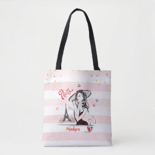 Personalized Fashion Girl Paris Pink Sketch   Tote Bag
