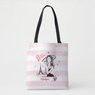 Personalized Fashion Girl Paris Pink Sketch Tote Bag