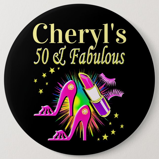 PERSONALIZED FASHIONISTA 50TH BIRTHDAY 6 CM ROUND BADGE (Front)