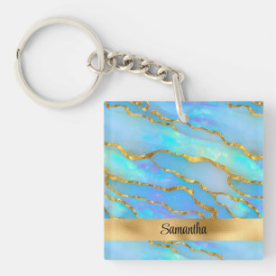 Personalized Faux Opal Stone and Gold Key Ring