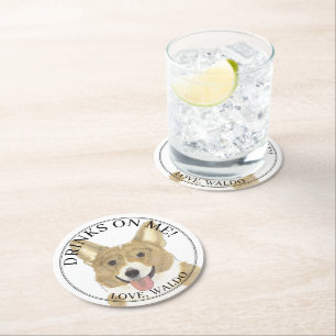 Personalized Fawn & White Corgi Dog Wedding Round Paper Coaster