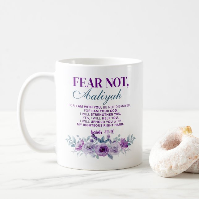 Personalized Fear Not Isaiah 41:10 Purple Floral Coffee Mug (With Donut)