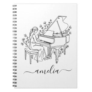 Personalized Female Piano Player Line Drawing      Notebook