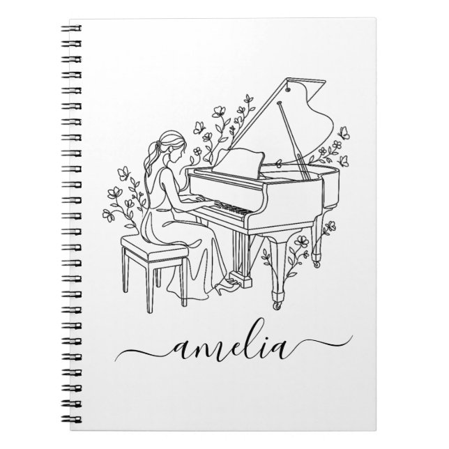 Personalized Female Piano Player Line Drawing      Notebook (Front)