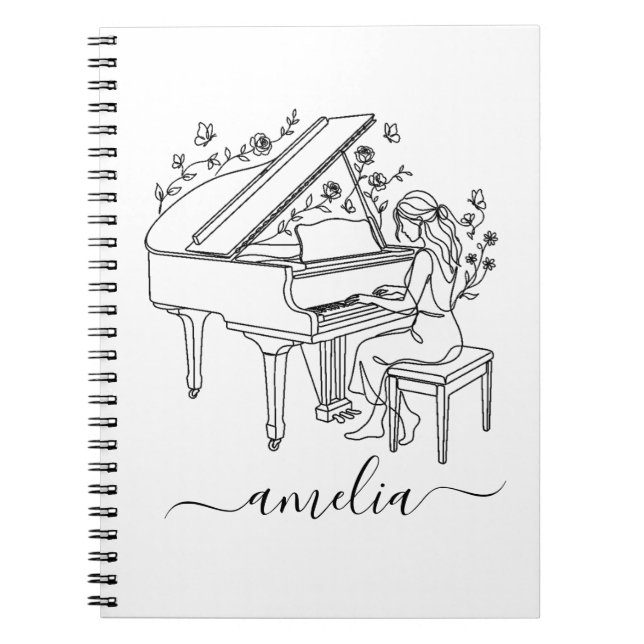 Personalized Female Piano Player Line Drawing      Notebook (Front)