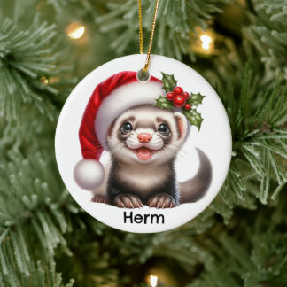 Personalized Ferret with Santa Hat Ceramic Tree Decoration