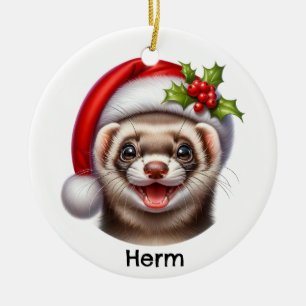 Personalized Ferret with Santa Hat Ceramic Tree Decoration