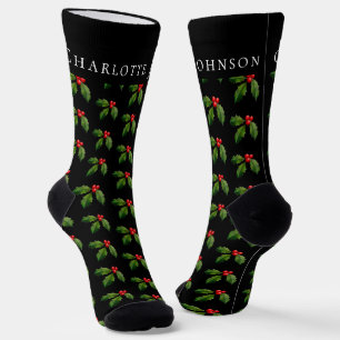 Personalized Festive Holly Berry Sprig Christmas Socks