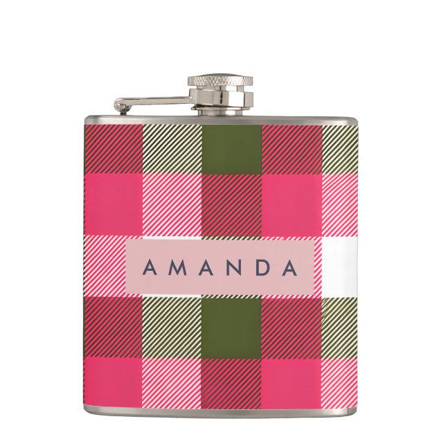 Personalized Festive Pink and Green Plaid Hip Flask (Front)