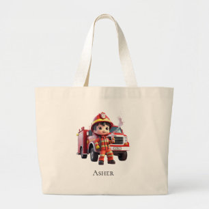 Personalized Firefighter Boy Cartoon Hero Large Tote Bag