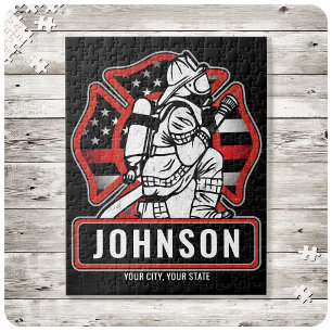 Personalized Firefighter Fire Dept Patriotic Flag Jigsaw Puzzle