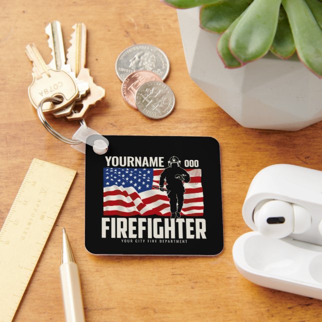 Personalized Firefighter Rescue USA Flag Patriotic Key Ring (Desk)