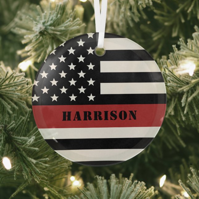 Personalized Firefighter Thin Red Line Fire Rescue Glass Tree Decoration (Insitu)