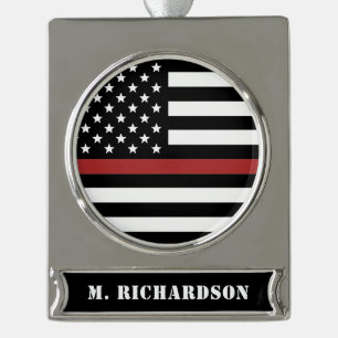 Personalized Firefighter Thin Red Line Fire Rescue Silver Plated Banner Ornament