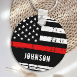 Personalized Firefighter Thin Red Line Key Ring<br><div class="desc">Personalized Thin Red Line Keychain - American flag in Firefighter Flag colors, distressed design . Personalize with fireman name, or department. This personalized firefighter keychain is perfect for fire departments, or as a memorial keepsake. COPYRIGHT © 2020 Judy Burrows, Black Dog Art - All Rights Reserved. Personalized Firefighter Thin Red...</div>