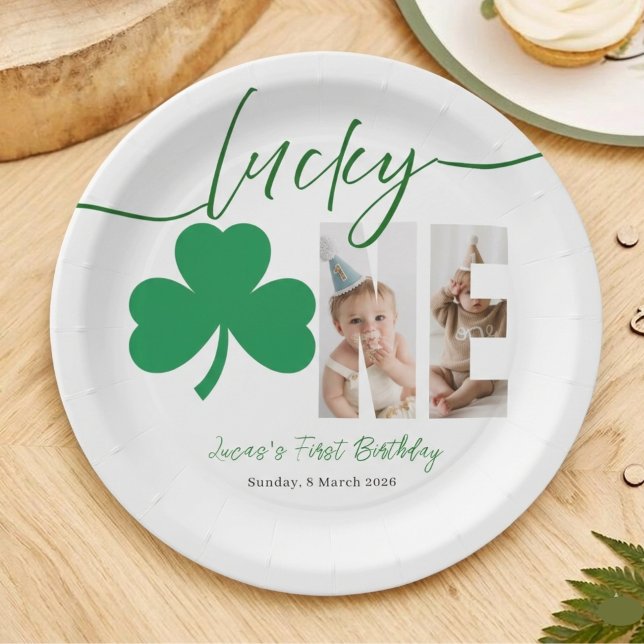 Personalized First Birthday Shamrock Photo Party  Paper Plate (Creator Uploaded)