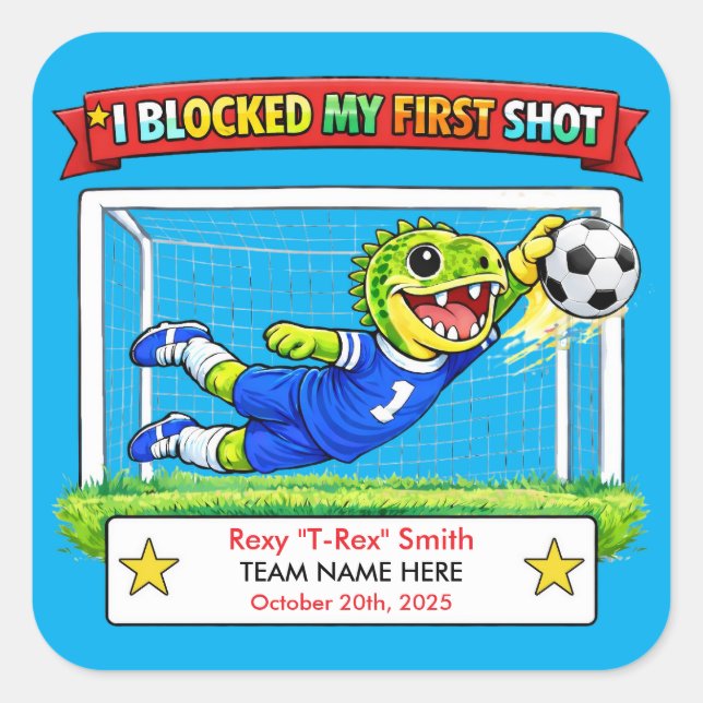 Personalized First Blocked Shot Soccer Award Square Sticker (Front)