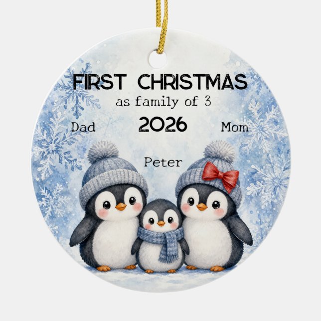 Personalized First Christmas as a Family of 3 Ceramic Tree Decoration (Front)