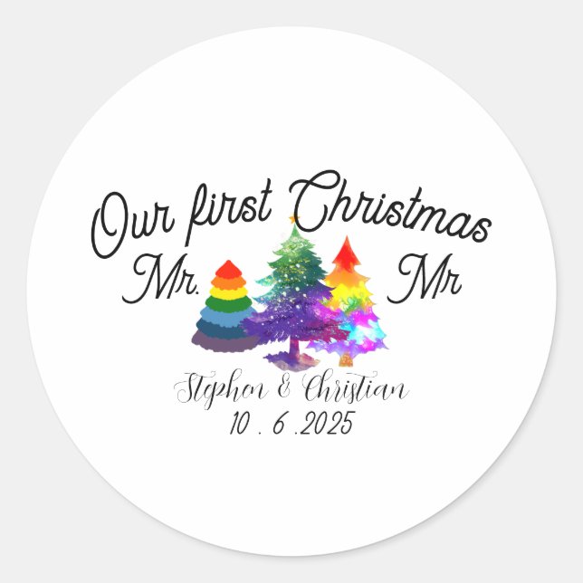 Personalized First Christmas As Mrs & Mrs  Classic Round Sticker (Front)