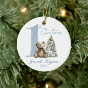 Personalized First Christmas bear for boy Ceramic Tree Decoration