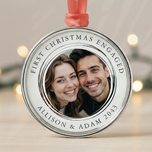 Personalized First Christmas Engaged Photo Metal Tree Decoration