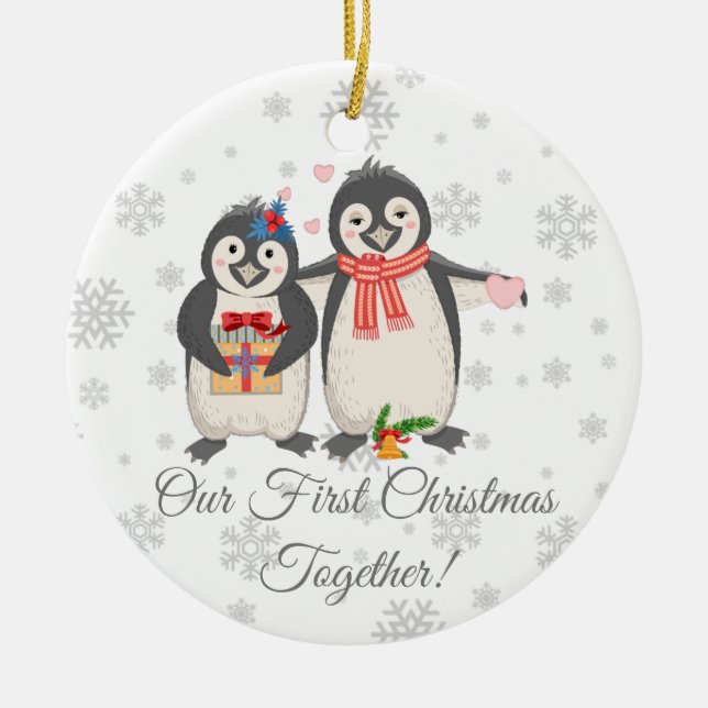 Personalized First Christmas Together Penguins Ceramic Tree Decoration (Front)