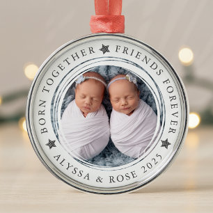 Personalized First Christmas Twins Photo Metal Tree Decoration