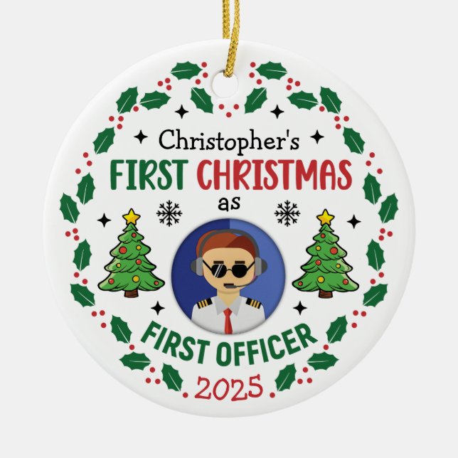 Personalized First Officer Custom Name Christmas Ceramic Tree Decoration (Front)
