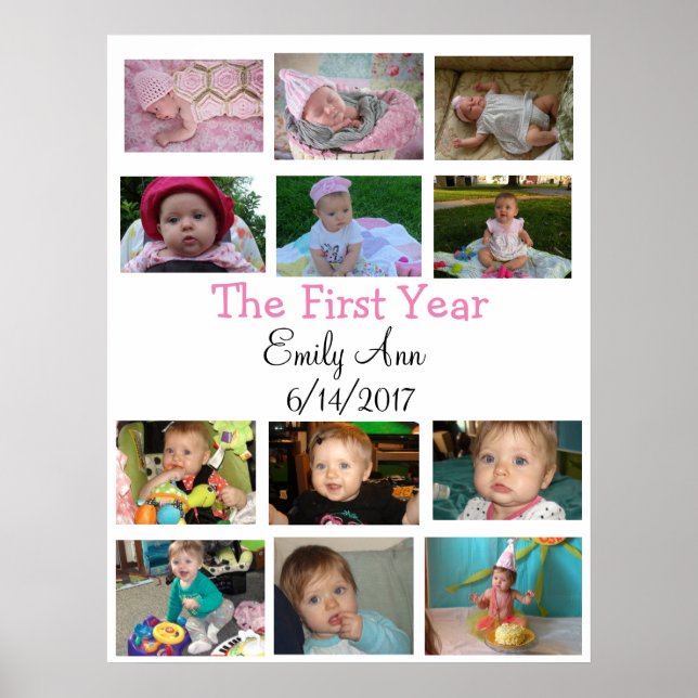 Personalized First Year Collage Baby Photo Poster (Front)