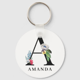 Personalized Floral Alphabet A Monogram Key Ring