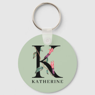 Personalized Floral Alphabet K Monogram Key Ring
