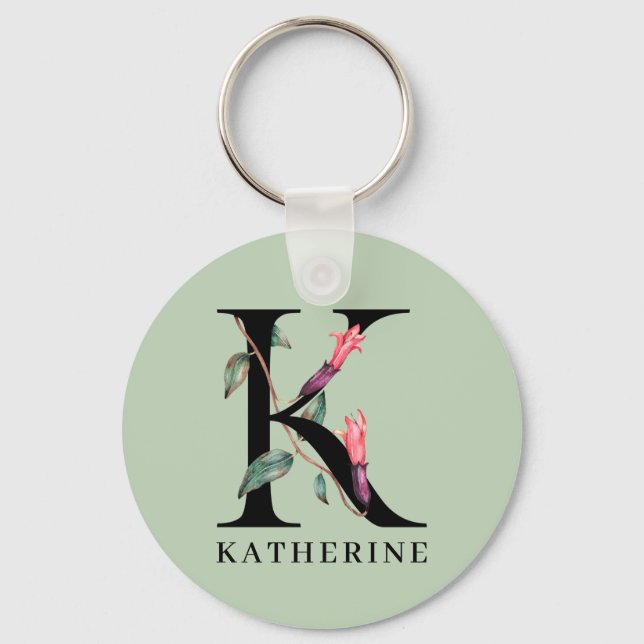 Personalized Floral Alphabet K Monogram Key Ring (Front)