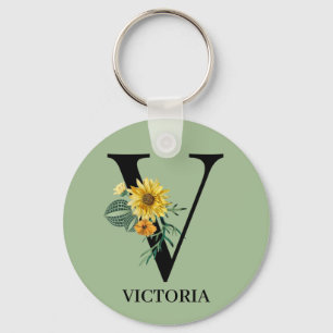 Personalized Floral Alphabet V Monogram Key Ring