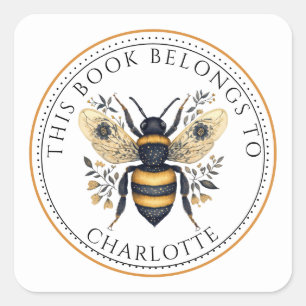 Personalized Floral Bee Library Name Square Sticker
