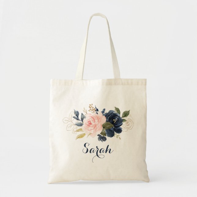 Personalized Floral Blush Navy Greenery Tote Bag (Front)
