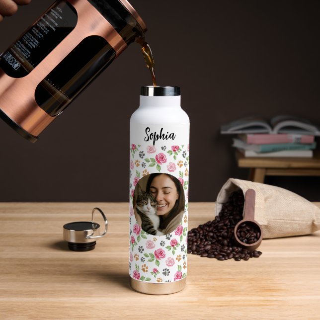 Personalized Floral Cat Mom Water Bottle (Coffee (Rotated))