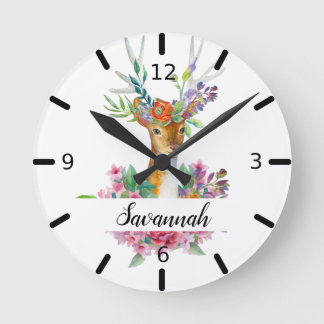 Personalized Floral Deer Round Clock