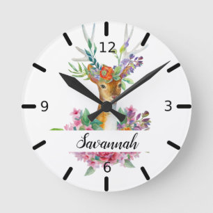 Personalized Floral Deer Round Clock