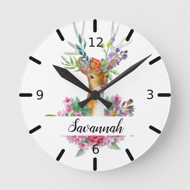 Personalized Floral Deer Round Clock (Front)