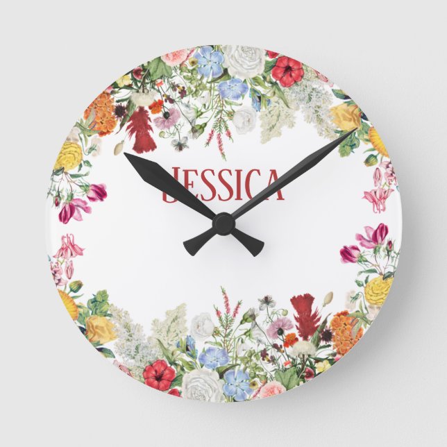 Personalized Floral Garden Colorful Flowers Round Clock (Front)