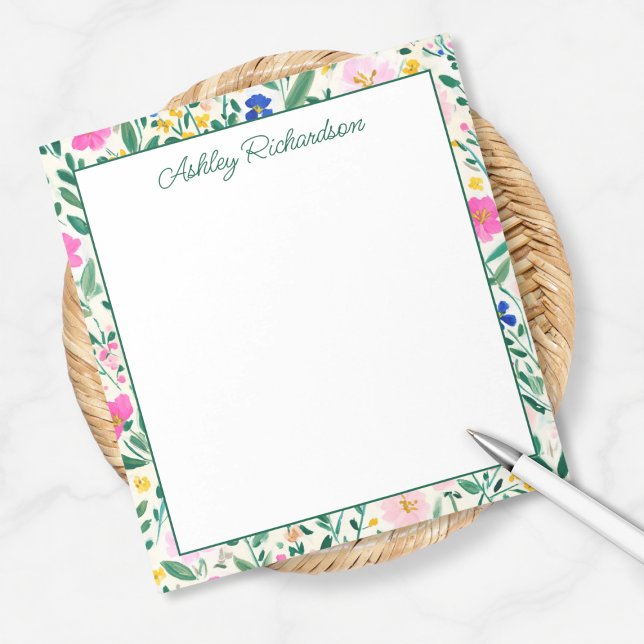 Personalized Floral Garden Notepad (colorful fun floral garden notepad personalized with custom name monogram in calligraphy script)
