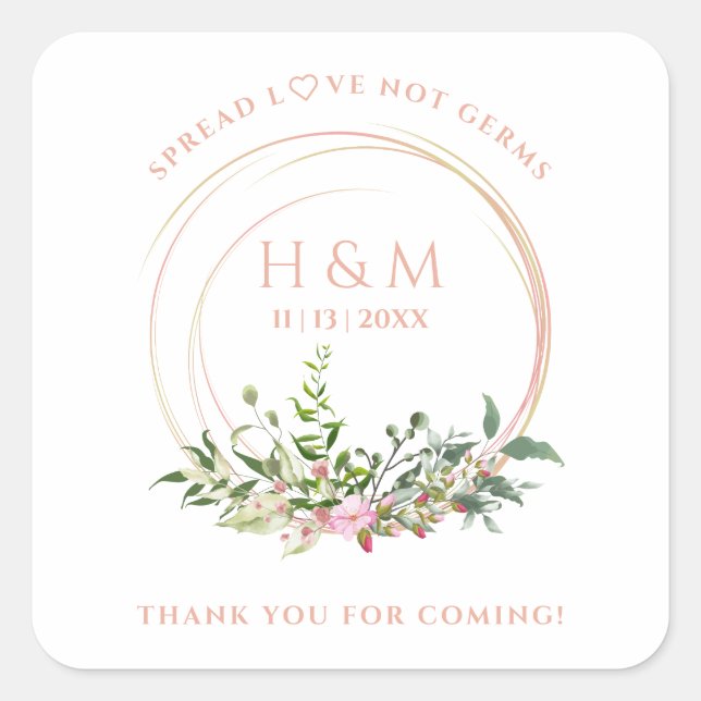 Personalized Floral Garland Pink Wedding Sanitizer Square Sticker (Front)